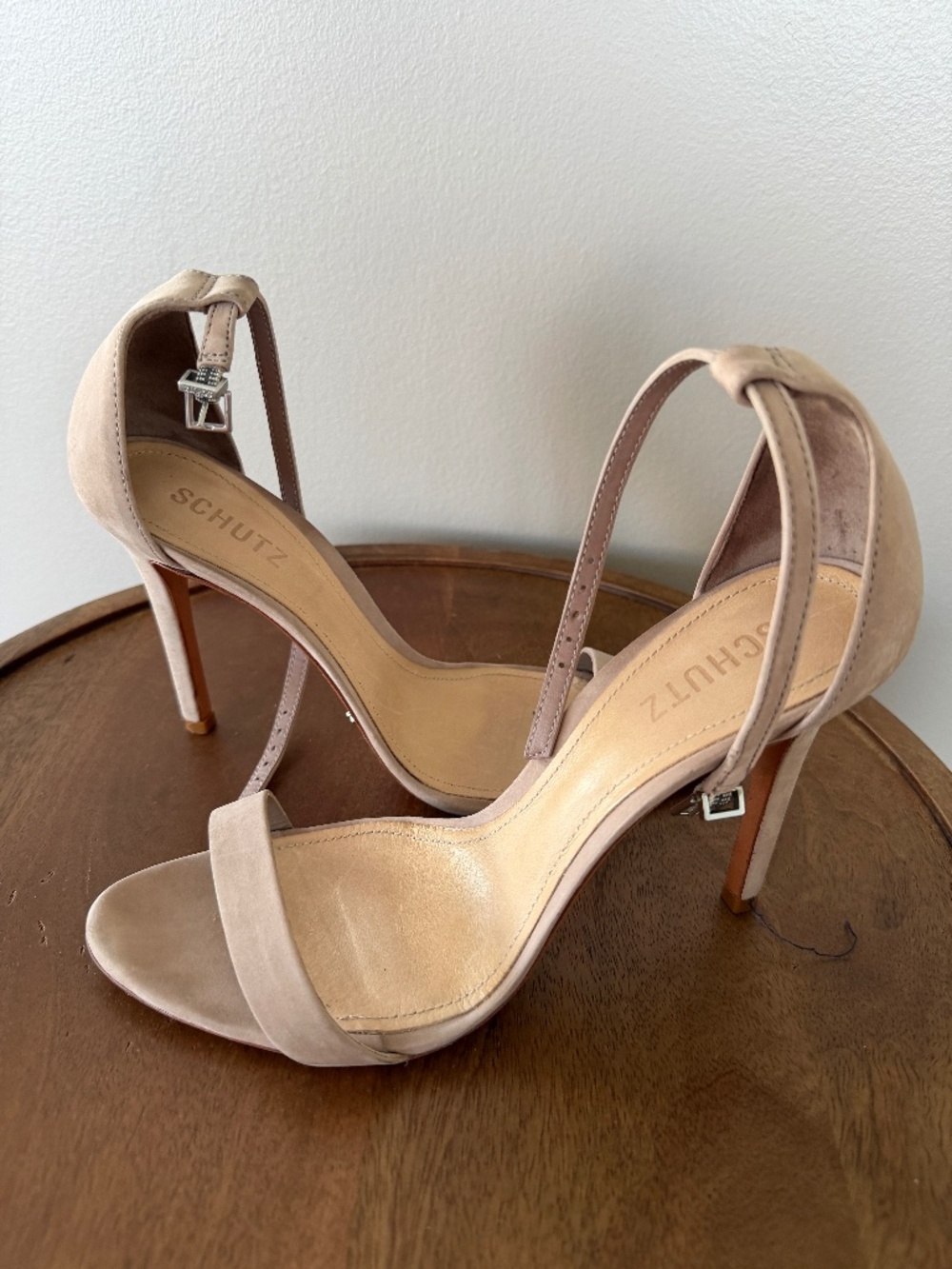 SCHUTZ Nude Beige Suede Ankle Strap Stiletto Heels Sandals